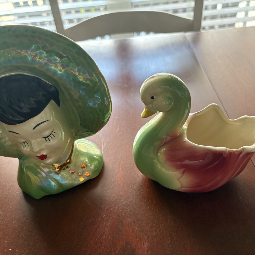 Charming Ceramic Lady and Swan Planter Set - Green and Pink